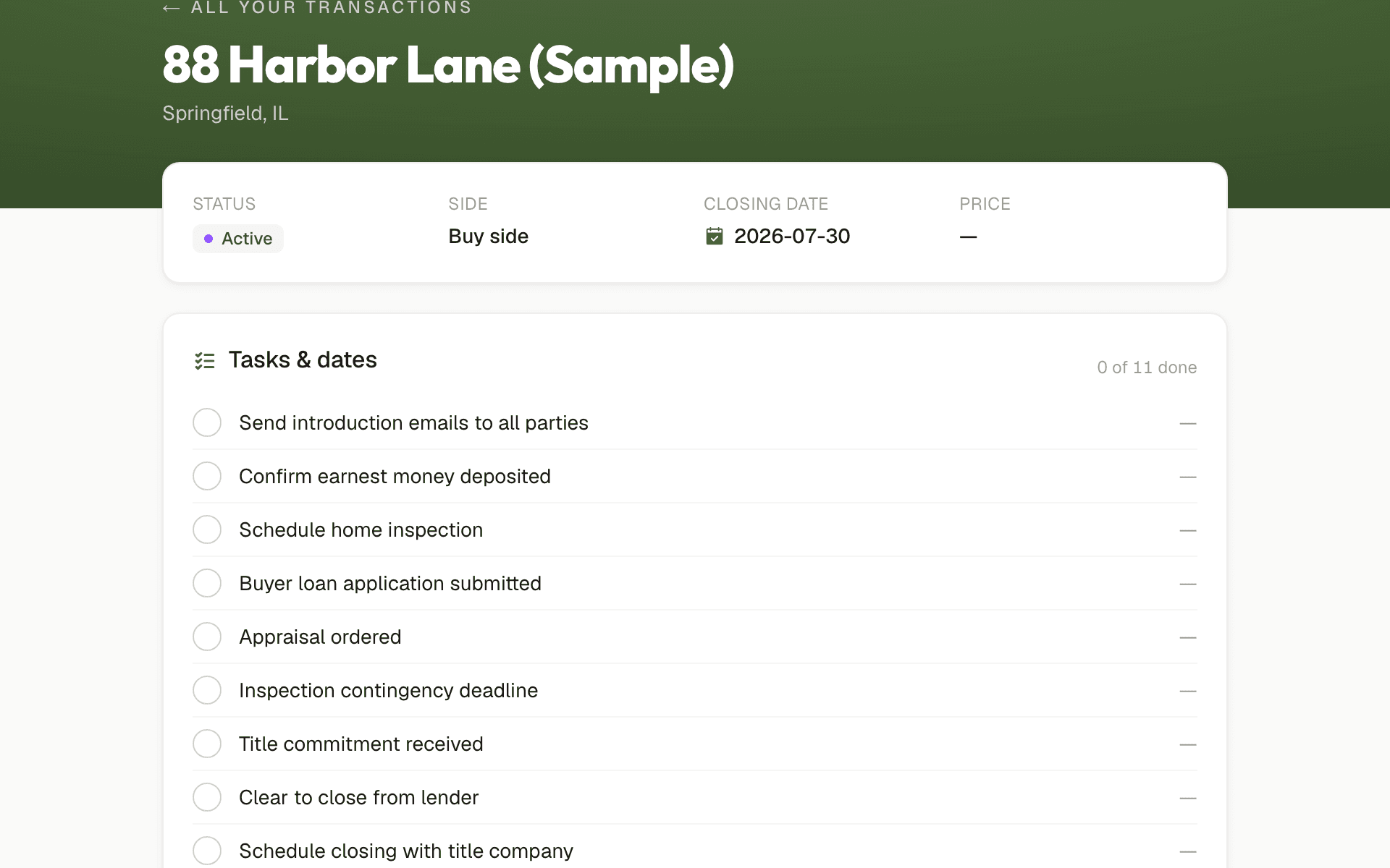 The portal an agent sees: the property, its status, and the task checklist