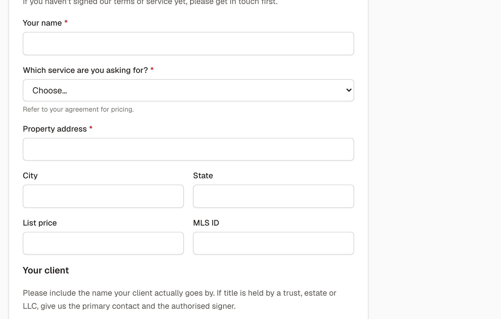 A new listing intake form with address, price, and client questions