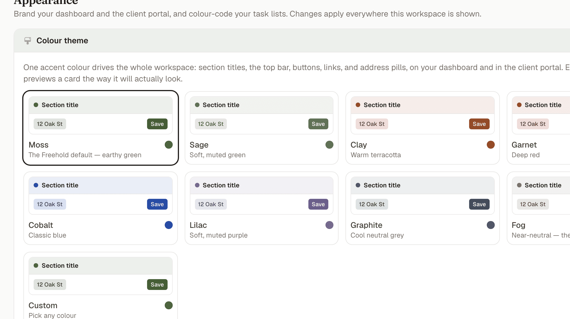 The appearance settings with eight colour themes to pick from