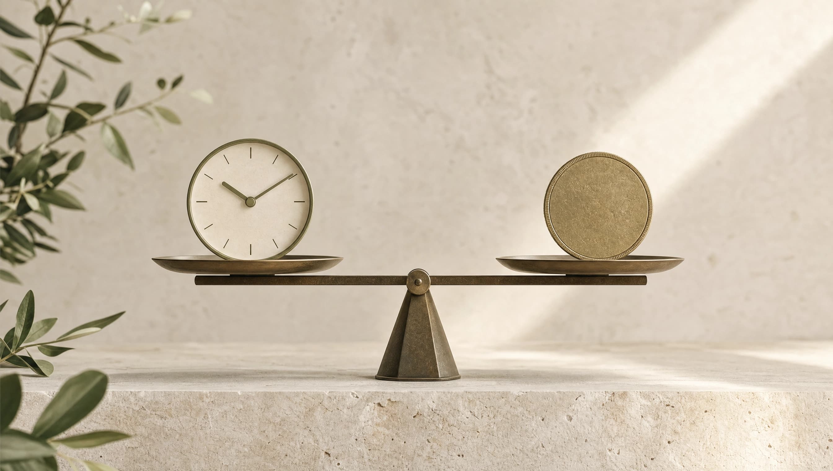 A balance scale holding a clock on one pan and a coin on the other, perfectly level, representing time weighed against fee