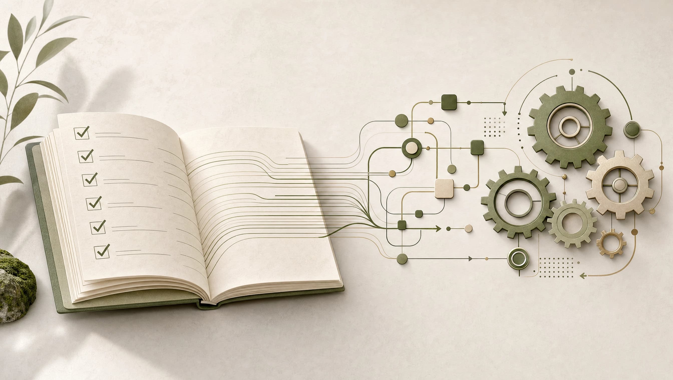 A checklist notebook with checked-off items flowing into an interconnected set of gears, representing a manual process becoming an automated system