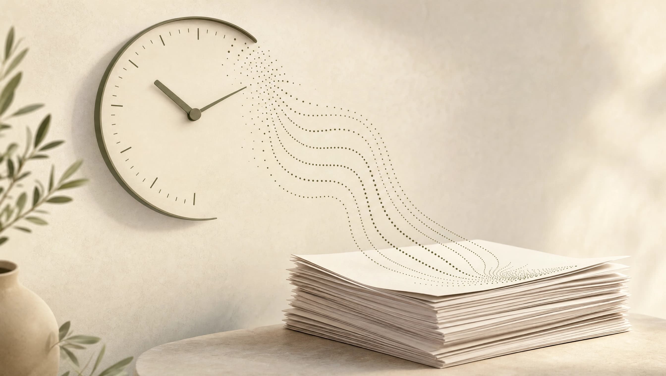 A minimal clock dissolving into dotted lines that settle onto a stack of documents, representing time recording itself automatically
