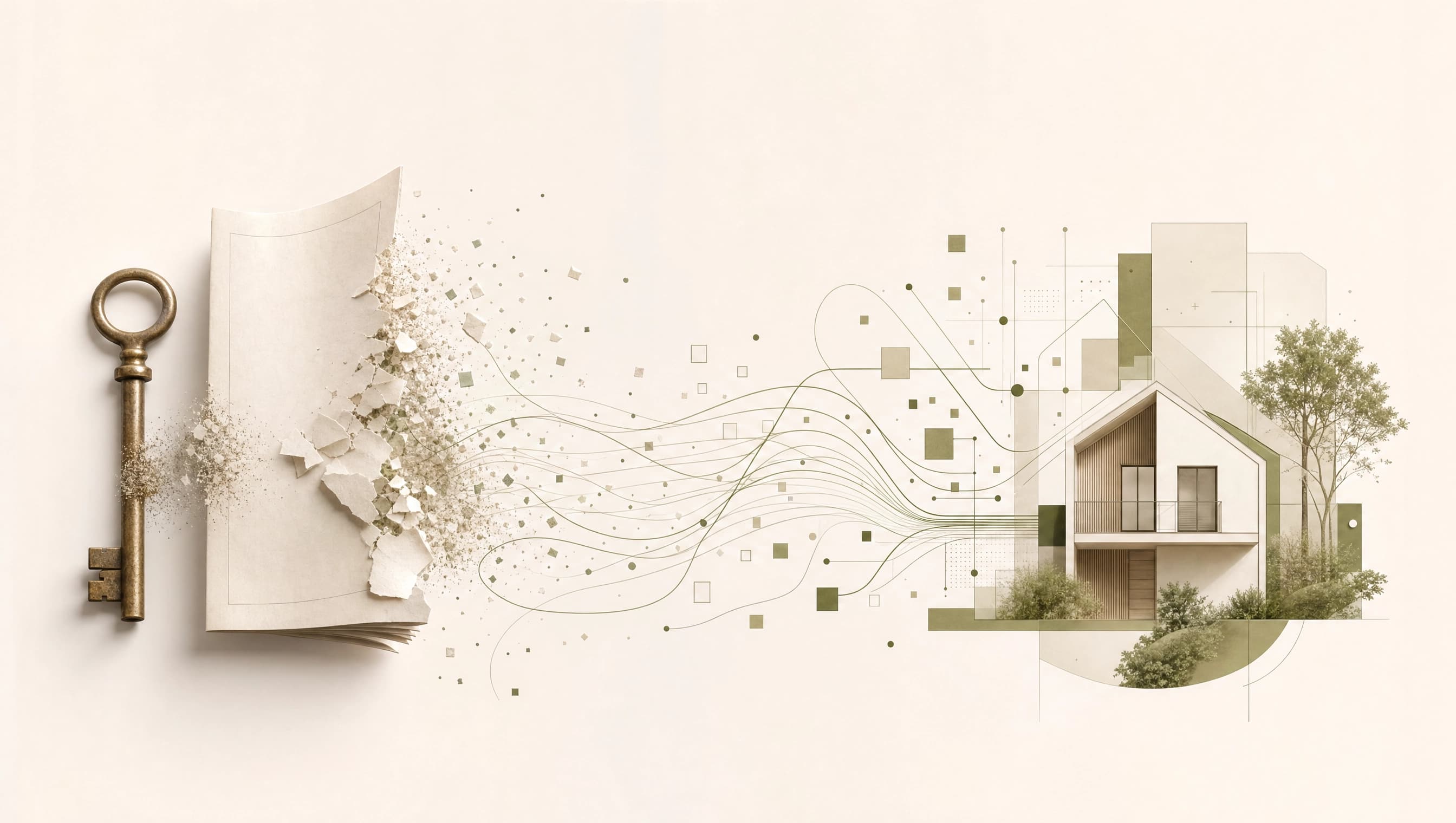 An old key and a torn document dissolving into flowing data lines that resolve into a modern house, representing AI organizing real estate work