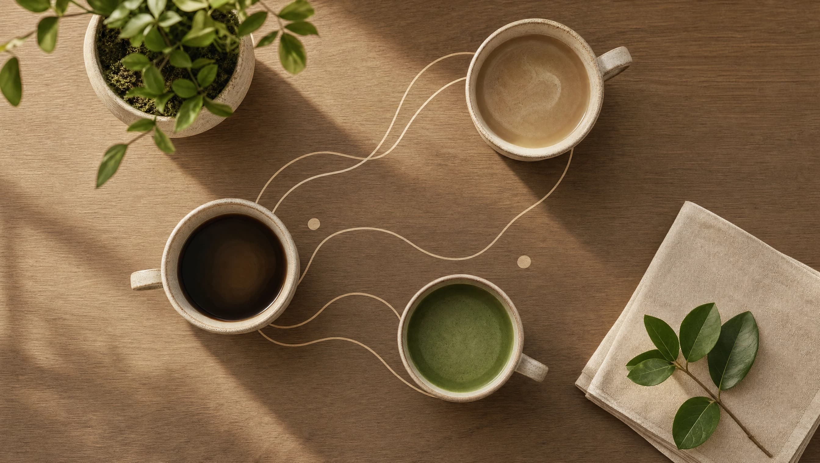 Three coffee cups on a wooden table connected by soft flowing lines, representing relationship-building and networking
