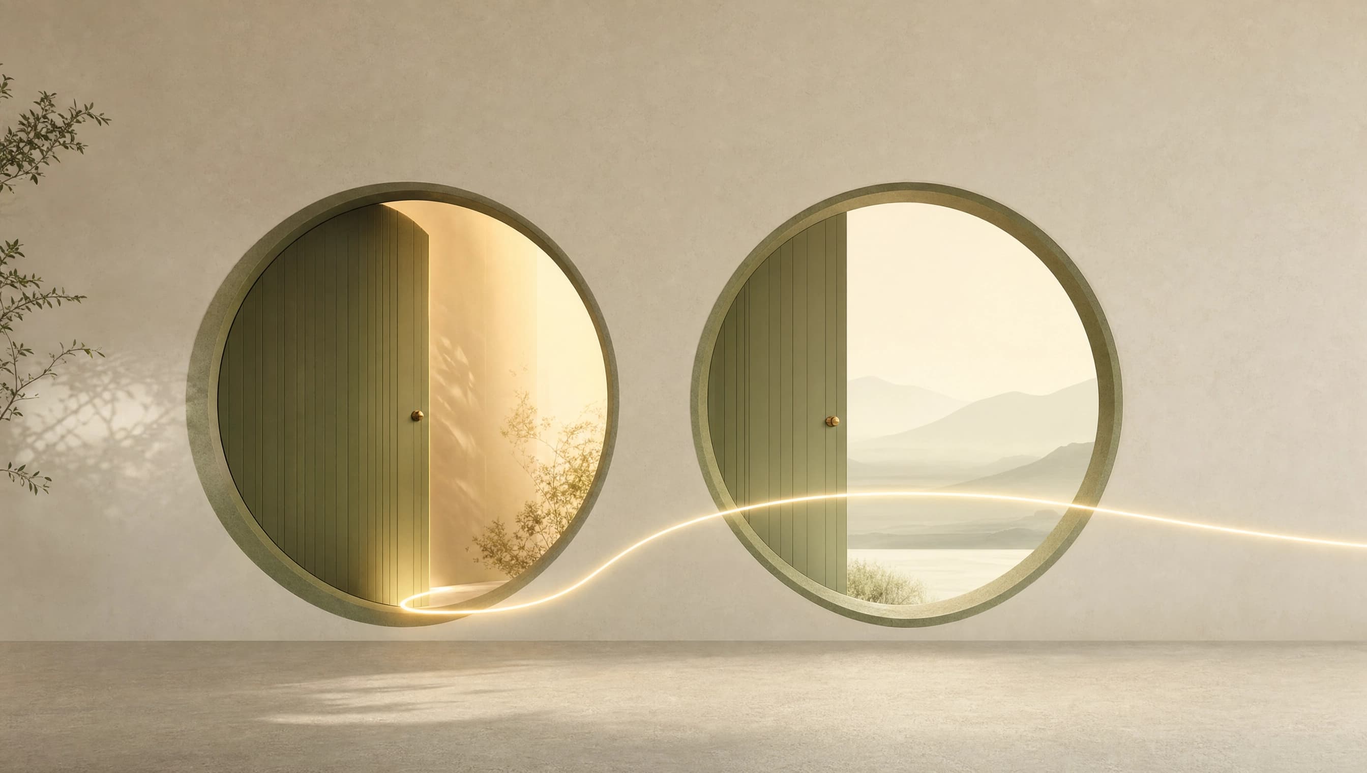 Two round doorways connected by a glowing path, one enclosed and one opening onto a wide landscape