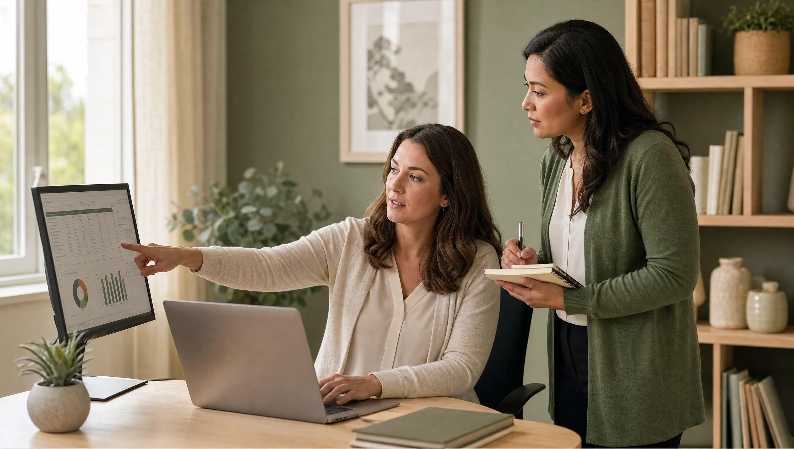 Two women in a home office, one seated at a laptop pointing at a dashboard on a monitor while training the other, who stands taking notes